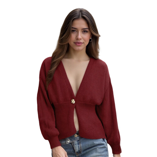 (S, Burgundy) Γυναικείο Φθινοπωρινό Πουλόβερ Μονόχρωμο Πλεκτό