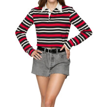 (S, Red) Dames T-shirt, lange mouwen, omgeslagen kraag, losse pasvorm, casual gestreepte top voor de herfst, streetwear