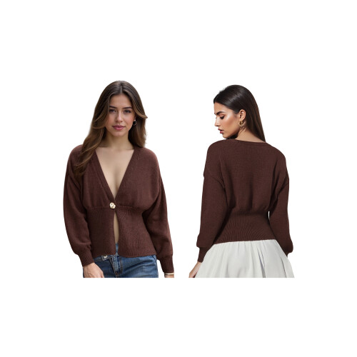 (L, Dark Brown) Γυναικείο Φθινοπωρινό Πουλόβερ Μονόχρωμο Πλεκτό 1