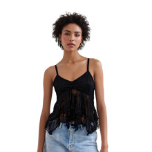 (S, Black) Camisetas de tirantes cortas de encaje para mujer, sin mangas, con espalda descubierta y escote en V profundo.