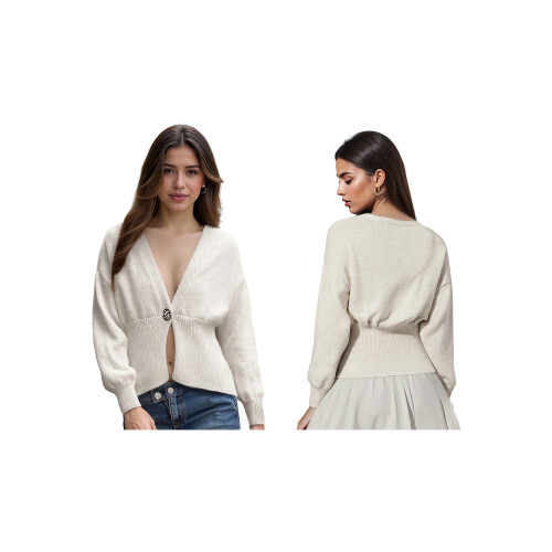 (M, Beige) Γυναικείο Φθινοπωρινό Πουλόβερ Μονόχρωμο Πλεκτό 1