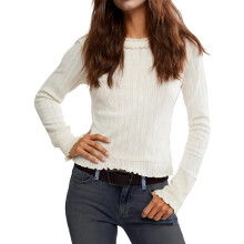 (L, White) T-shirt femme élégant à manches longues et col rond, coupe ajustée, haut d'automne streetwear