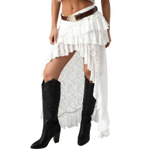 (M, White) Women Flower Lace Skirt Elastic Waist High Low Layered Ruffle Skirt Casual Summer Streetwear