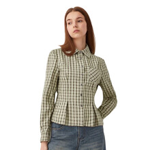 (S, Green) Chemises à carreaux d'automne pour femmes, manches longues, col rabattu, boutonnées, une poche