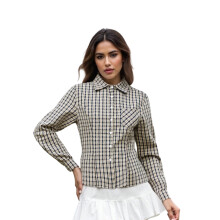 (L, Blue) Chemises à carreaux d'automne pour femmes, manches longues, col rabattu, boutonnées, une poche
