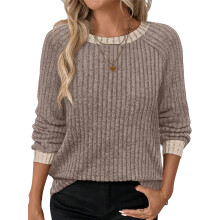 (M, Khaki) T-shirt femme manches longues col rond couleur contrastée côtelé hauts automne streetwear