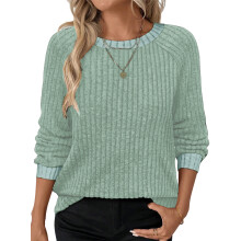 (XL, Dark Green) T-shirt femme manches longues col rond couleur contrastée côtelé hauts automne streetwear