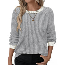 (XXL, Gray) T-shirt femme manches longues col rond couleur contrastée côtelé hauts automne streetwear