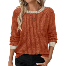 (XXL, Caramel) T-shirt femme manches longues col rond couleur contrastée côtelé hauts automne streetwear