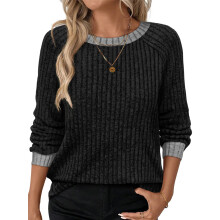 (XL, Black) T-shirt femme manches longues col rond couleur contrastée côtelé hauts automne streetwear