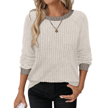 (XXL, Apricot) T-shirt femme manches longues col rond couleur contrastée côtelé hauts automne streetwear