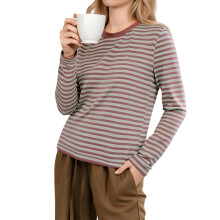 (M, Maroon) T-shirts rayés pour femmes, automne, col rond, manches longues, style streetwear tendance