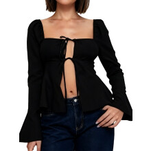 (L, Black) Chemisiers à nouer pour femmes, manches longues, col carré, couleur unie, style printemps-automne
