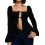 (L, Black) Women's Tie-up Front Tops Long Sleeve Square Neck Solid Color Split Shirts Spring Fall Blouses 1