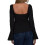 (L, Black) Women's Tie-up Front Tops Long Sleeve Square Neck Solid Color Split Shirts Spring Fall Blouses 8