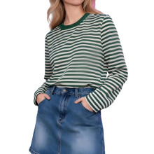 (L, Green) T-shirts rayés pour femmes, automne, col rond, manches longues, style streetwear tendance