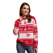 (L, Red) Dames gebreide kersttrui met kerstboom en letters, lange mouwen, ronde hals, voor dagelijks gebruik.