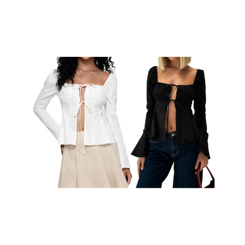 (L, Black) Women's Tie-up Front Tops Long Sleeve Square Neck Solid Color Split Shirts Spring Fall Blouses 2