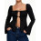 (L, Black) Women's Tie-up Front Tops Long Sleeve Square Neck Solid Color Split Shirts Spring Fall Blouses 7