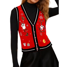 (S, Red) Chaleco navideño de punto para mujer, elegante sin mangas con botones, top de invierno con muñeco de nieve.