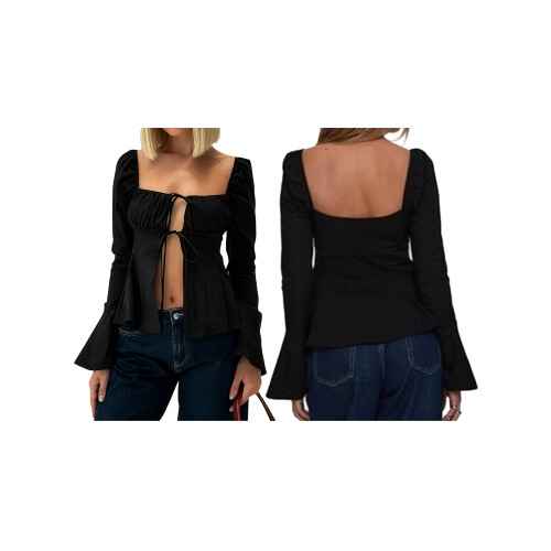 (L, Black) Women's Tie-up Front Tops Long Sleeve Square Neck Solid Color Split Shirts Spring Fall Blouses 1