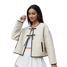 (L, White) Veste d'hiver femme, veste chaude décontractée à manches longues avec fermeture à nouer, couleur contrastée.