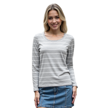 (S, Gray) Women's Spring Fall Striped Tops Long Sleeve Scoop Neck Slim Fit Blouse Streetwear