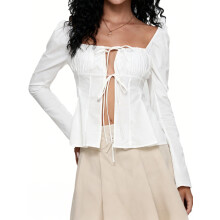 (S, White) Chemisiers à nouer pour femmes, manches longues, col carré, couleur unie, style printemps-automne