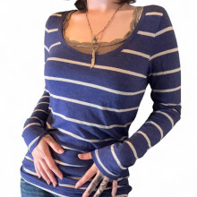 (L, Navy Blue) Haut rayé printemps-automne pour femme, blouse à manches longues, col rond et coupe ajustée, style streetwear
