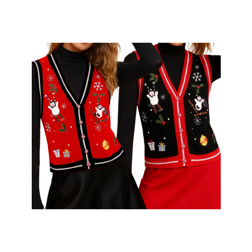 (M, Red) Χριστουγεννιάτικο γυναικείο γιλέκο casual καθημερινά 2