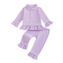 (12-18 Months, Lavender) Dziewczęcy komplet piżamowy 2 szt. z długim rękawem, falbanką, guziki, spodnie