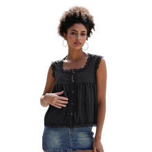 (XL, Black) Camiseta sin mangas para mujer, cuello cuadrado, ribete de encaje, cierre de botones, ropa de calle de verano