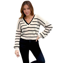 (XL, Khaki) Pull en maille pour femme, imprimé rayé, coupe ample, manches longues, col V, automne