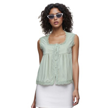 (S, Light Green) Camiseta sin mangas para mujer, cuello cuadrado, ribete de encaje, cierre de botones, ropa de calle de verano