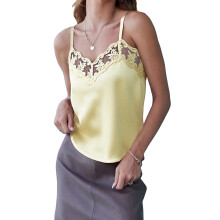 (S, Yellow) Camisolas de satén para mujer con tirantes finos y delicado ribete de encaje, sin mangas, cómodas camisetas de verano