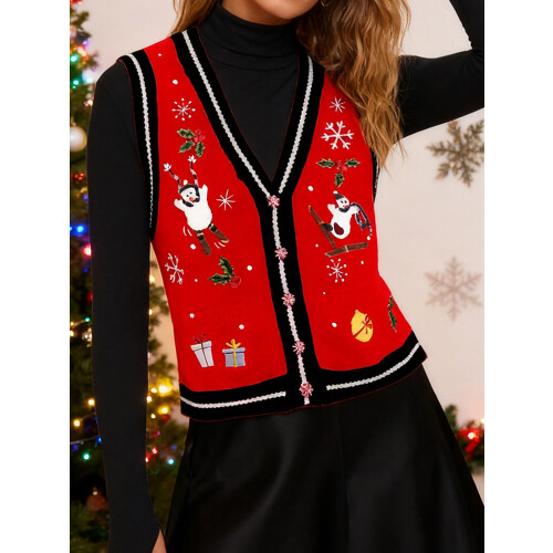 (S, Red) Χριστουγεννιάτικο γυναικείο γιλέκο casual καθημερινά 2