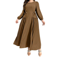 (XXXL, Brown) Robe fluide grande taille pour femme, manches longues, col rond, couleur unie, plissée, avec nœud sur le côté
