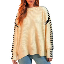 (XL, Ivory) Pull femme bicolore contrasté, coupe ample, col rond, manches longues, maille tendance et décontractée