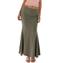 (S, Light Green) Women's Ruffle Midi Skirts Fashionable Elegant Casual High Waisted Solid Color Long Fishtail Skirt