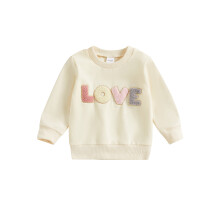 (3-4 Years, Beige) Felpe per bambini con lettere ricamate, girocollo, maniche lunghe, pullover autunnali, top per neonati
