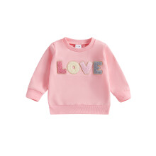 (18-24 Months, Pink) Felpe per bambini con lettere ricamate, girocollo, maniche lunghe, pullover autunnali, top per neonati