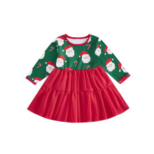 (6-12 Months, Green) Sukienka dla dziewczynek, dł. rękaw, okrągły dekolt, nadruk Św. Mikołaja, plisowana, A-line