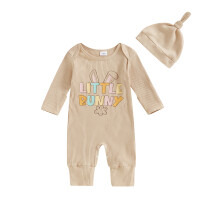 (3-6 Months, Beige) Conjunto 2 piezas bebé niña: mono orejas conejo y gorro Pascua. Ropa recién nacida.