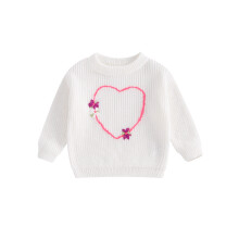 (18-24 Months, White) Dětský dívčí svetr, dlouhý rukáv, kulatý výstřih, srdíčkové květiny, teplý zimní svetr