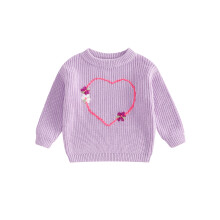 (12-18 Months, Purple) Dětský dívčí svetr, dlouhý rukáv, kulatý výstřih, srdíčkové květiny, teplý zimní svetr