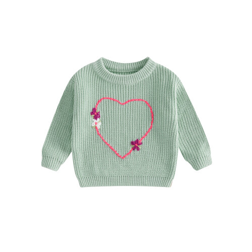 (12-18 Months, Green) Mädchenpullover, langärmelig, Rundhalsausschnitt, Herzblumenmuster, warmer Winterpullover