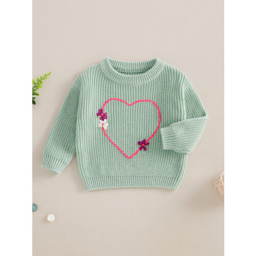 (2-3 Years, Green) Mädchenpullover, langärmelig, Rundhalsausschnitt, Herzblumenmuster, warmer Winterpullover 2