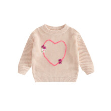 (18-24 Months, Beige) Dětský dívčí svetr, dlouhý rukáv, kulatý výstřih, srdíčkové květiny, teplý zimní svetr