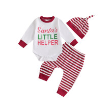 (0-3 Months, White) Tacair Bríste Nollag Buachaillí Leanbh Romper Prionta Litreacha Muinchille Fada Tacair Hataí Bríste Stríocacha