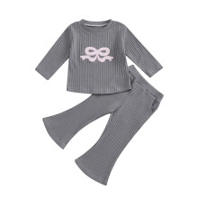 (12-18 Months, Gray) Herbstset für kleine Mädchen: Langarm-Sweatshirt mit Schleifen, lange Hose, zweiteiliges Rippstrick-Outfit